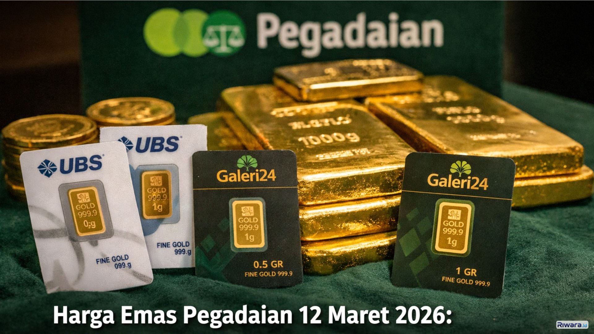 Harga emas UBS dan Galeri24 di PT Pegadaian naik pada 12 Maret 2026, sementara emas PT Aneka Tambang Tbk (Antam) belum tersedia.